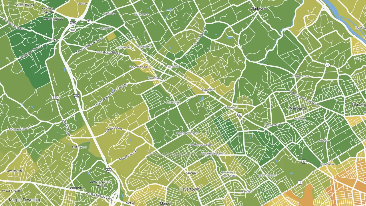 Map of the best neighborhoods in the 19041 area, with better matches in green and worse matches in red