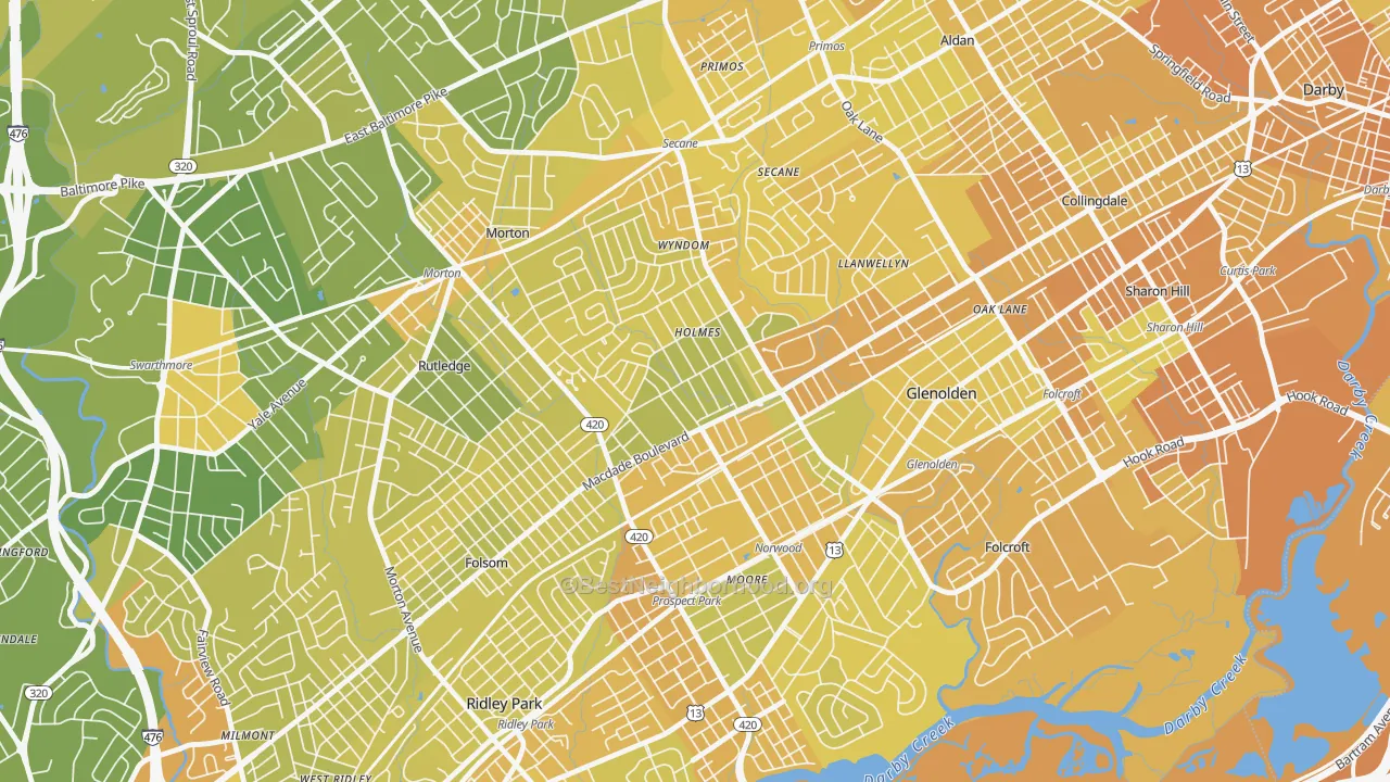 Map of the best neighborhoods in the 19043 area, with better matches in green and worse matches in red
