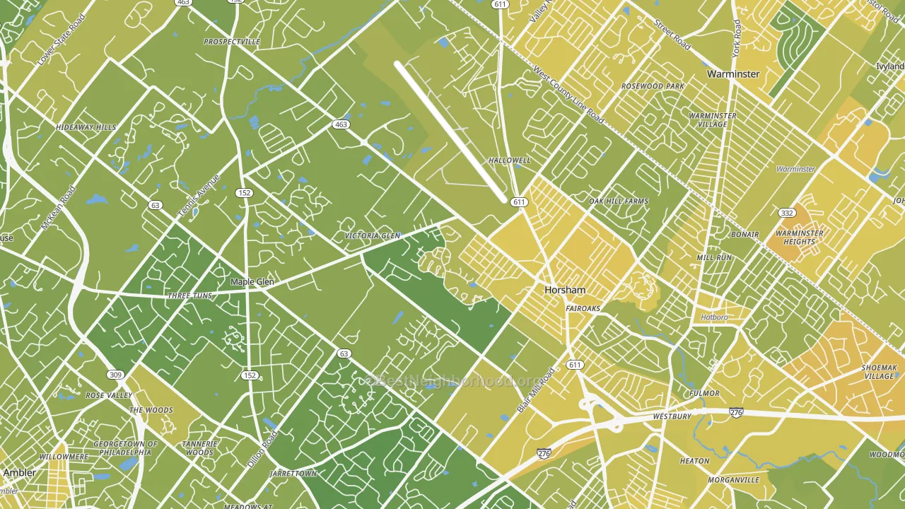 Map of the best neighborhoods in the 19044 area, with better matches in green and worse matches in red