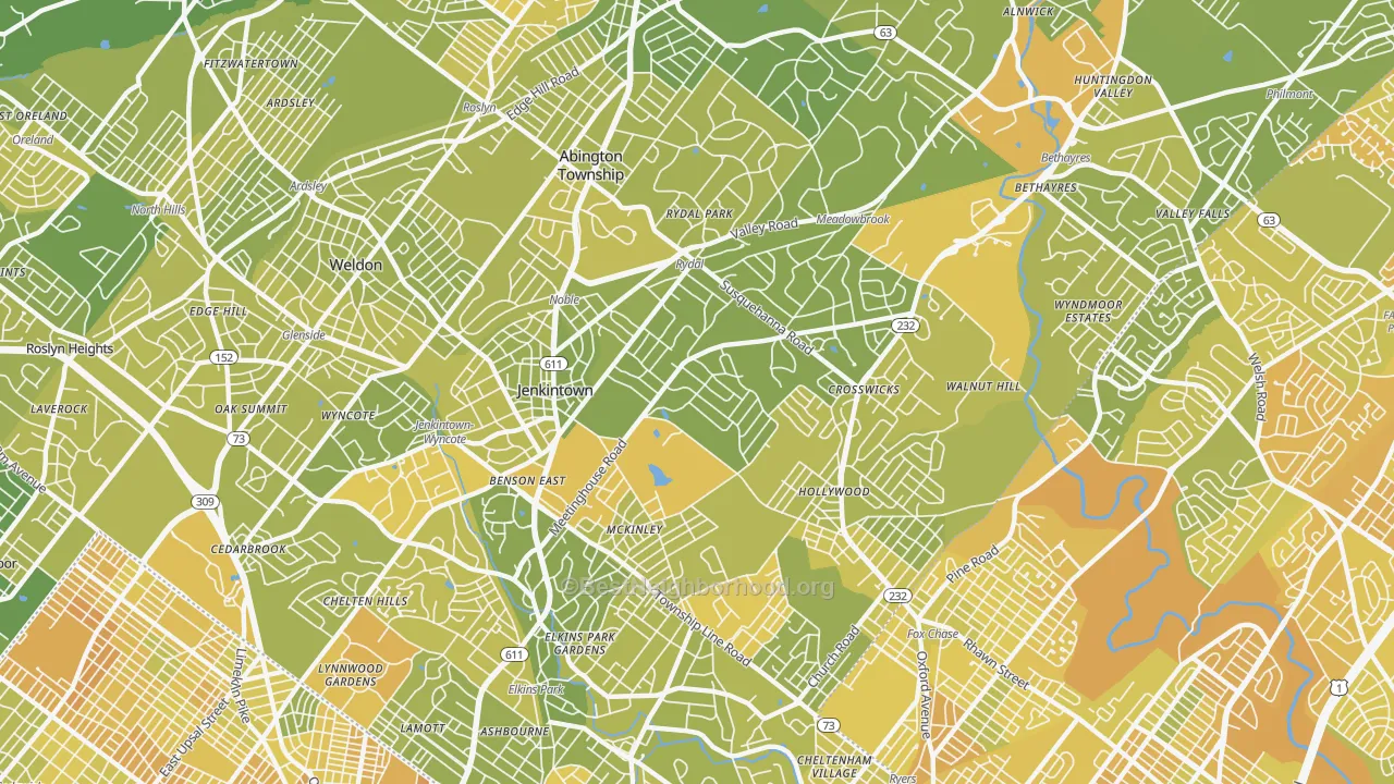 Map of the best neighborhoods in the 19046 area, with better matches in green and worse matches in red