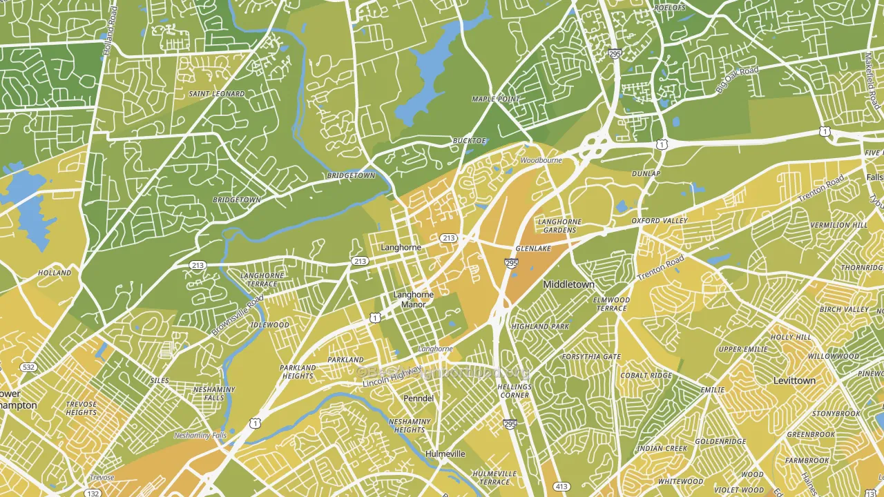 Map of the best neighborhoods in the 19047 area, with better matches in green and worse matches in red
