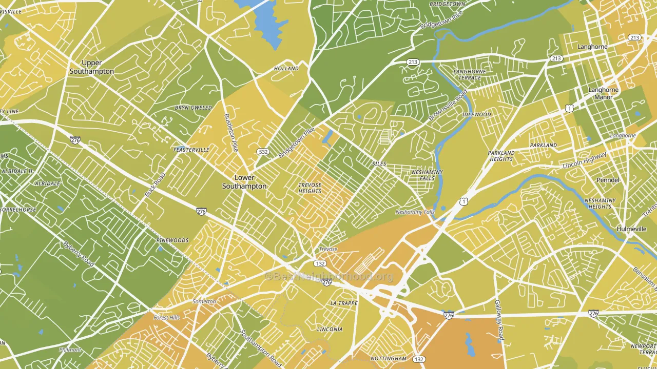 Map of the best neighborhoods in the 19053 area, with better matches in green and worse matches in red