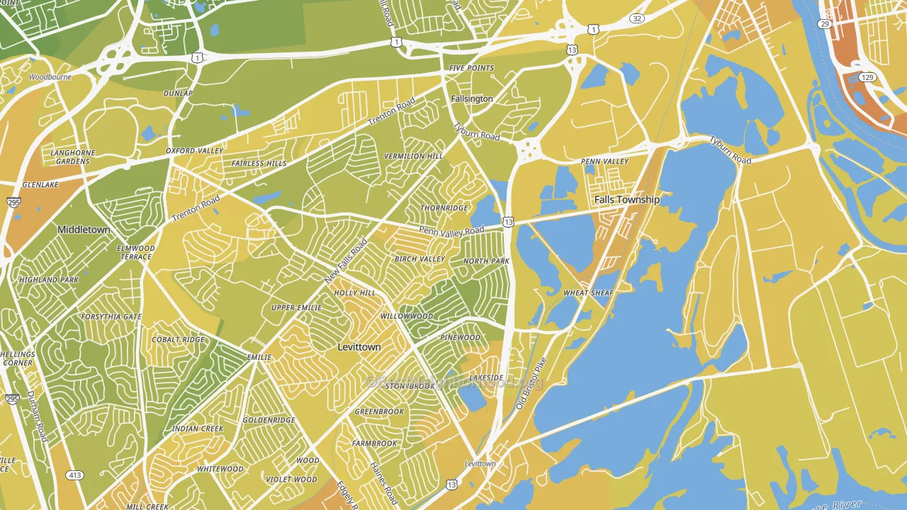 Map of the best neighborhoods in the 19054 area, with better matches in green and worse matches in red
