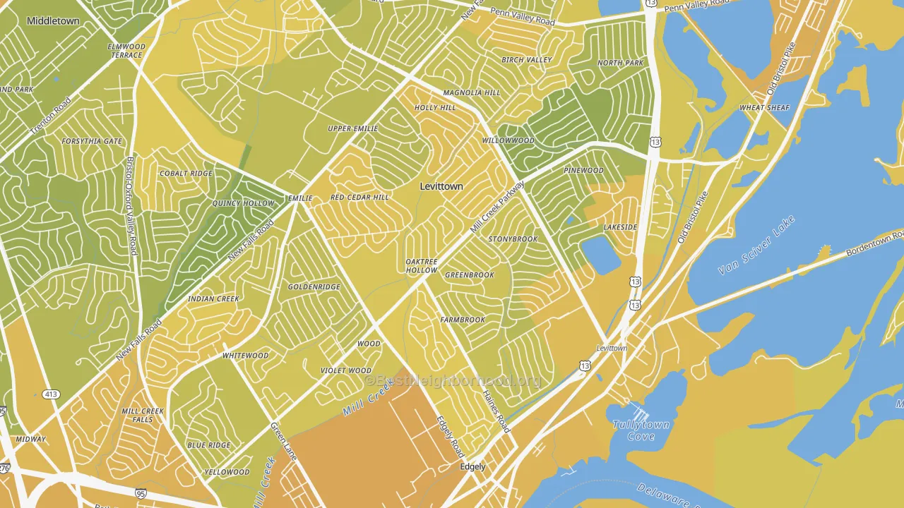 Map of the best neighborhoods in the 19055 area, with better matches in green and worse matches in red