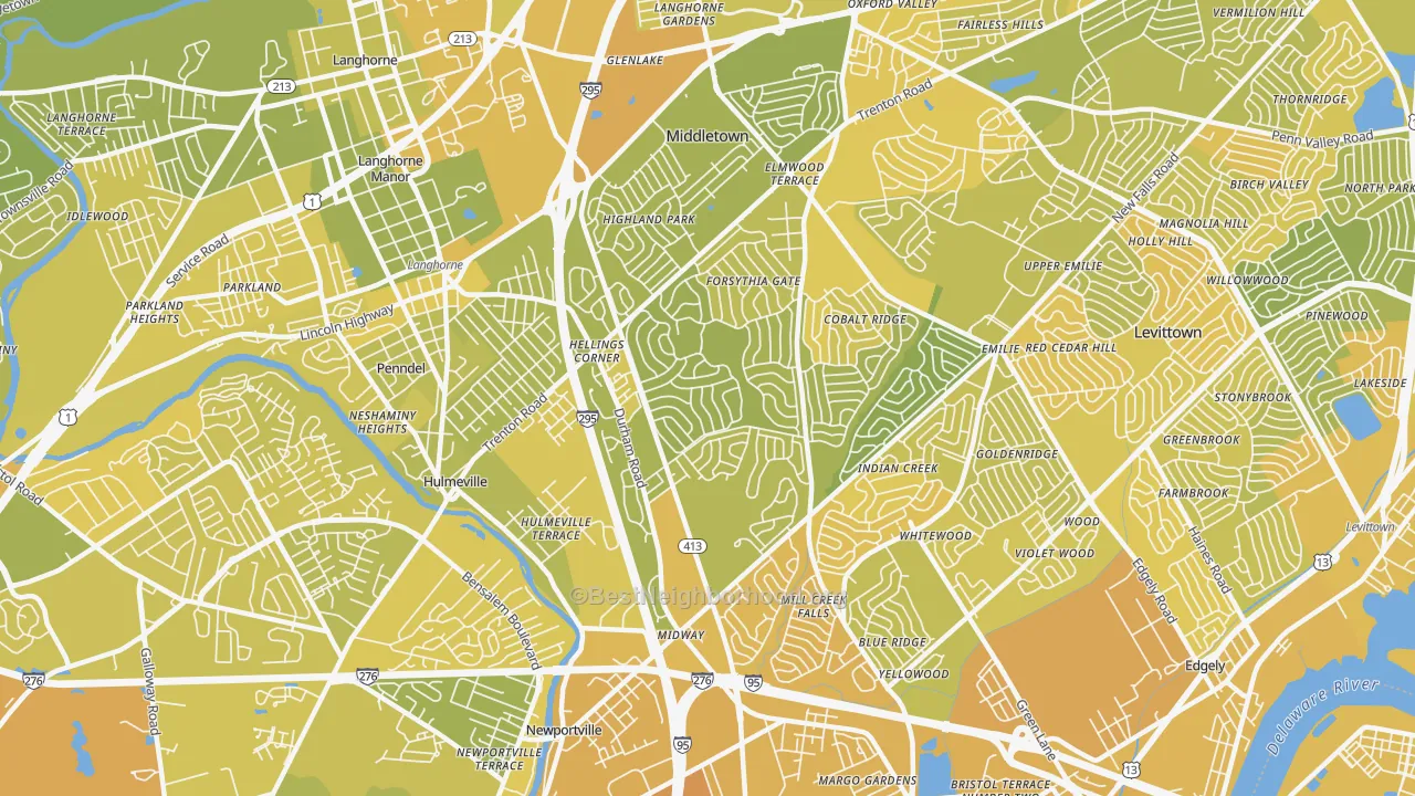 Map of the best neighborhoods in the 19056 area, with better matches in green and worse matches in red