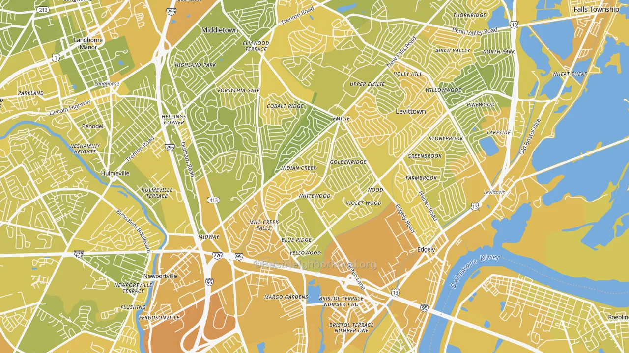 Map of the best neighborhoods in the 19057 area, with better matches in green and worse matches in red