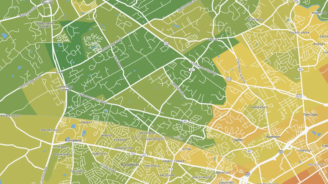 Map of the best neighborhoods in the 19060 area, with better matches in green and worse matches in red