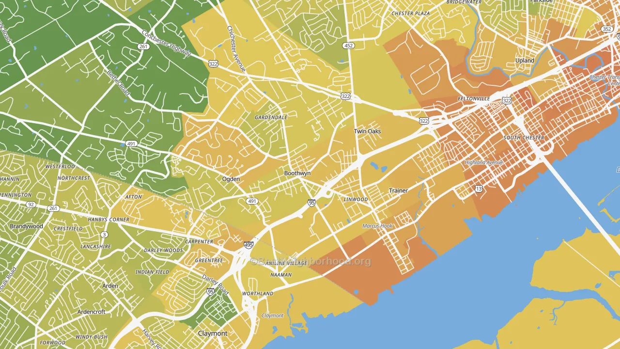 Map of the best neighborhoods in the 19061 area, with better matches in green and worse matches in red