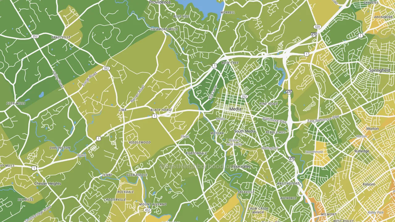 Map of the best neighborhoods in the 19063 area, with better matches in green and worse matches in red
