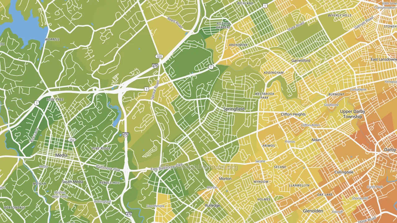 Map of the best neighborhoods in the 19064 area, with better matches in green and worse matches in red