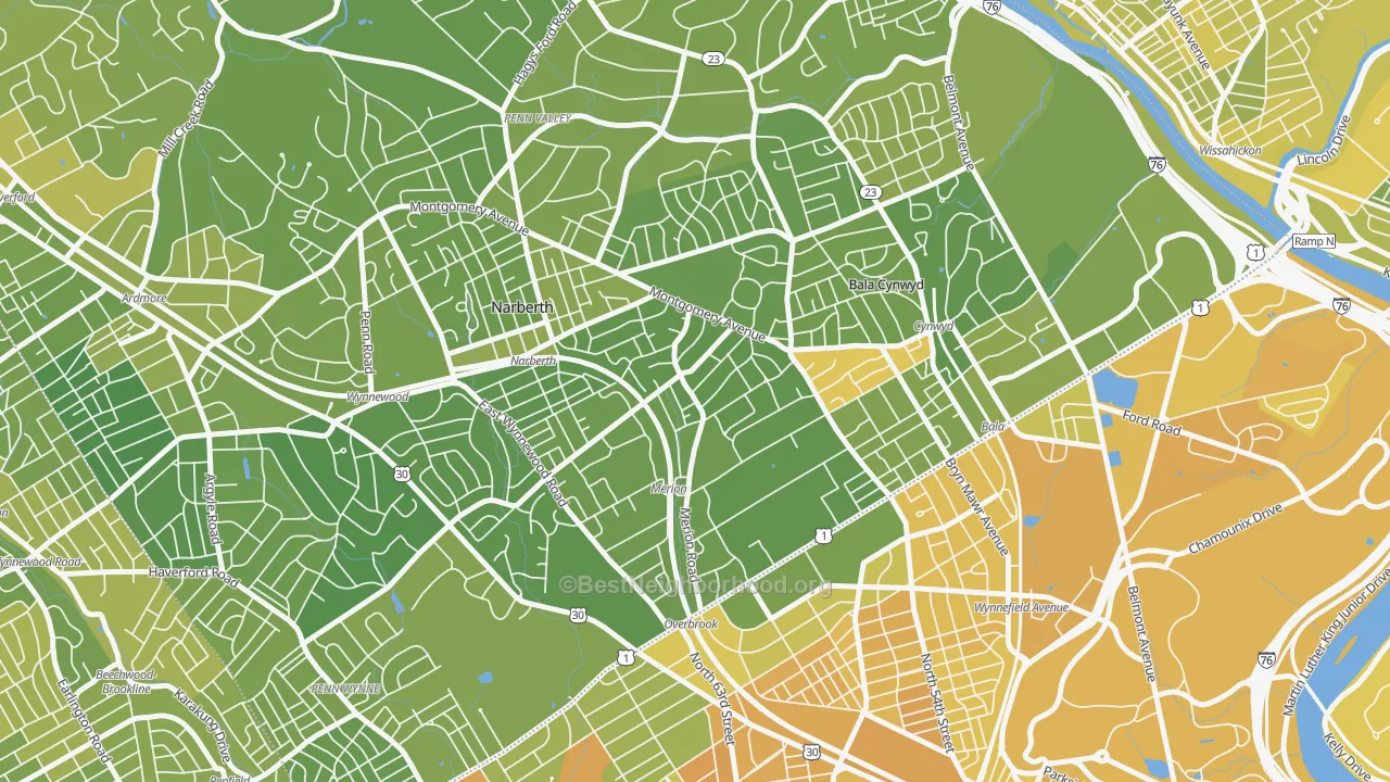 Map of the best neighborhoods in the 19066 area, with better matches in green and worse matches in red