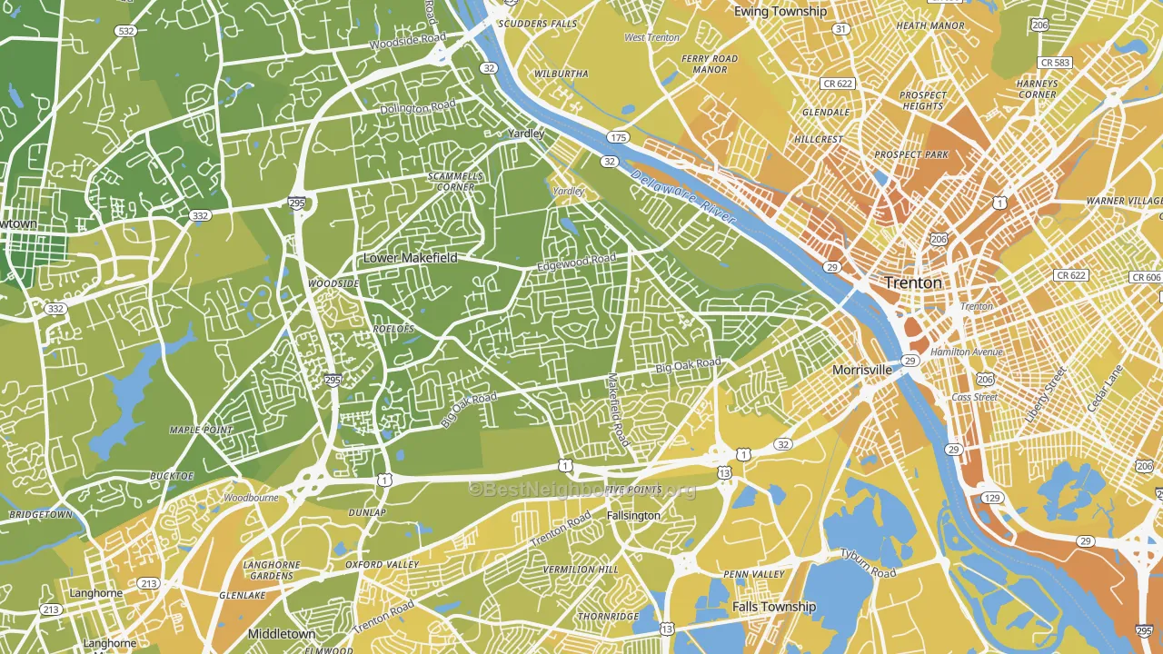Map of the best neighborhoods in the 19067 area, with better matches in green and worse matches in red