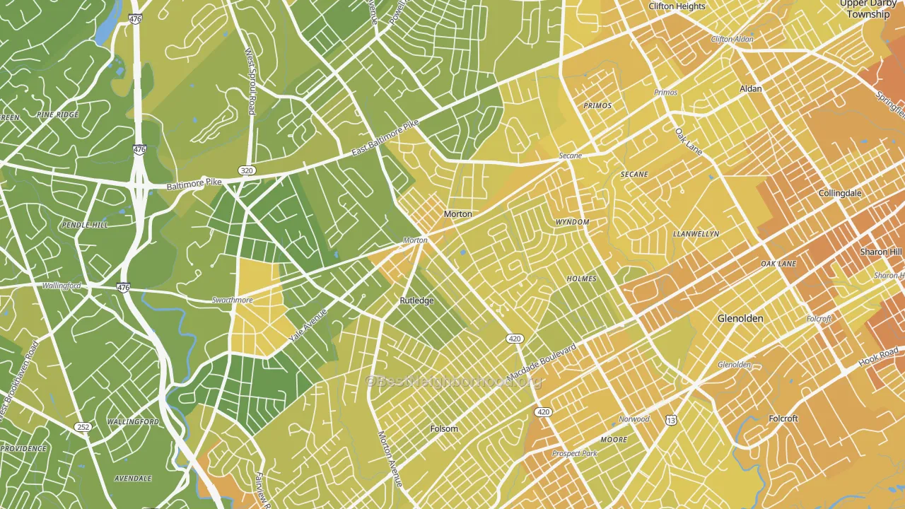 Map of the best neighborhoods in the 19070 area, with better matches in green and worse matches in red