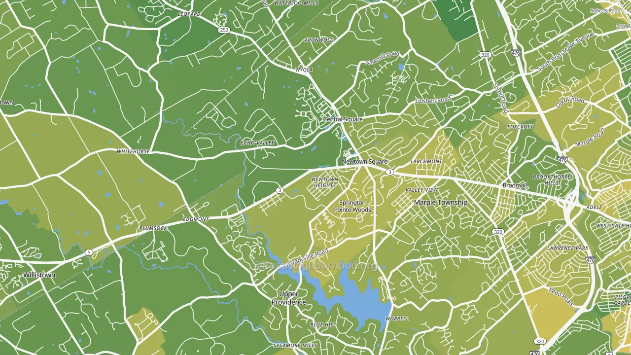 Map of the best neighborhoods in the 19073 area, with better matches in green and worse matches in red