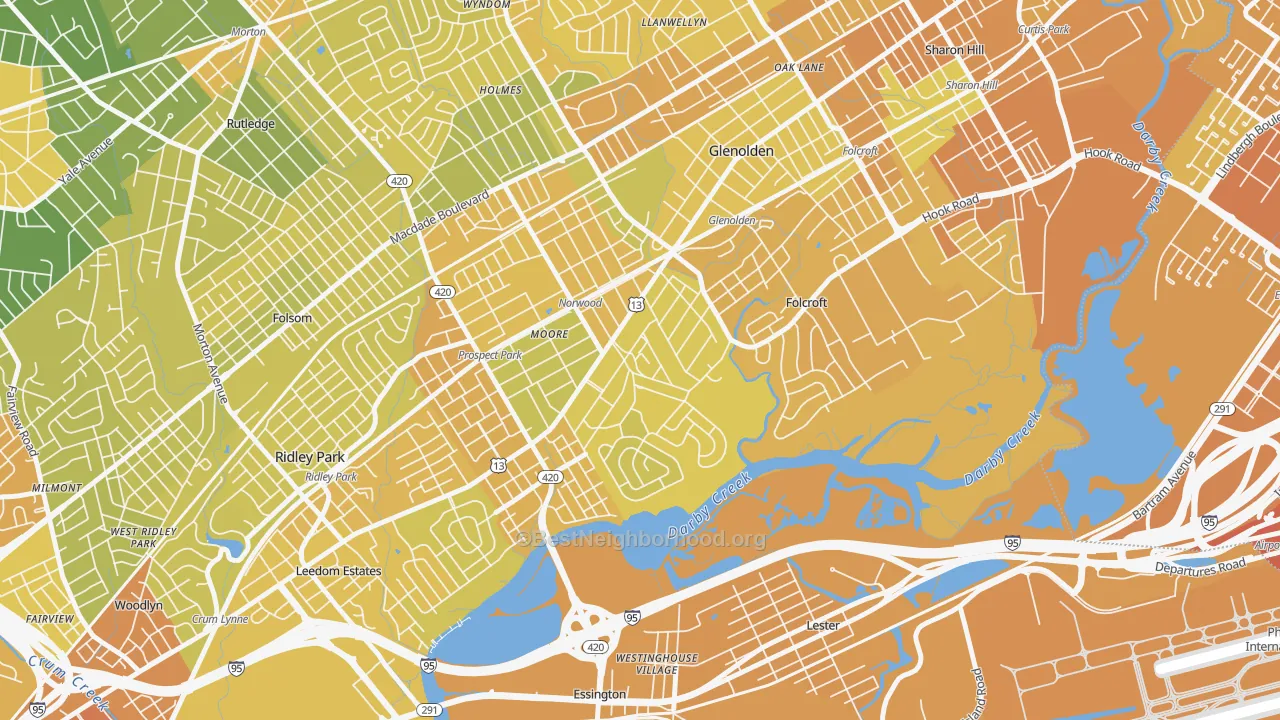 Map of the best neighborhoods in the 19074 area, with better matches in green and worse matches in red