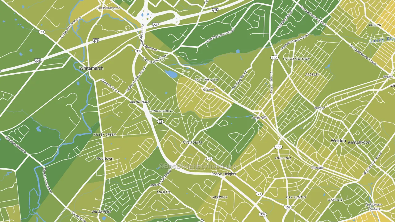 Map of the best neighborhoods in the 19075 area, with better matches in green and worse matches in red