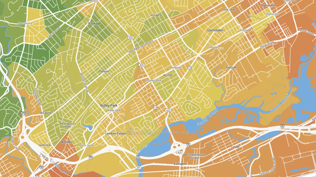 Map of the best neighborhoods in the 19076 area, with better matches in green and worse matches in red