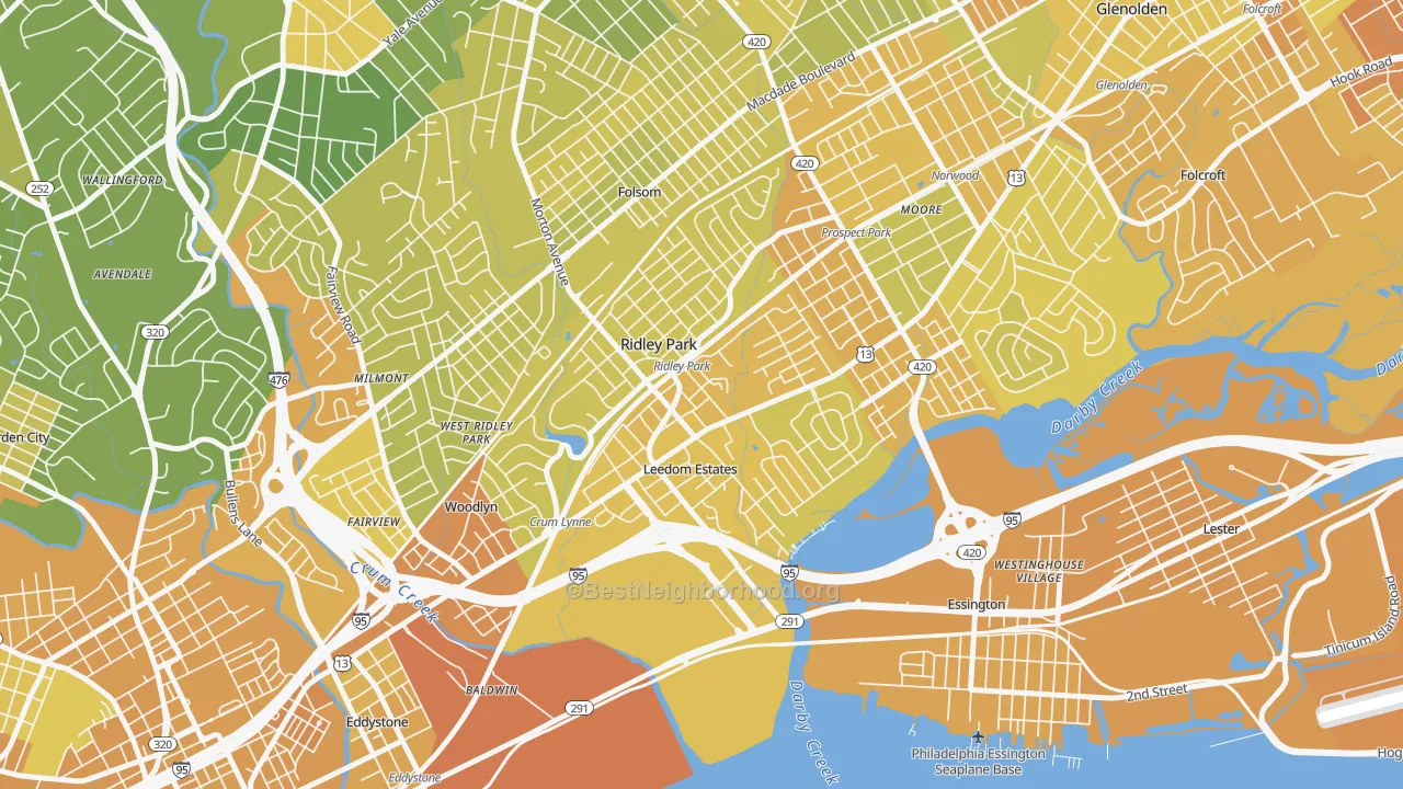 Map of the best neighborhoods in the 19078 area, with better matches in green and worse matches in red