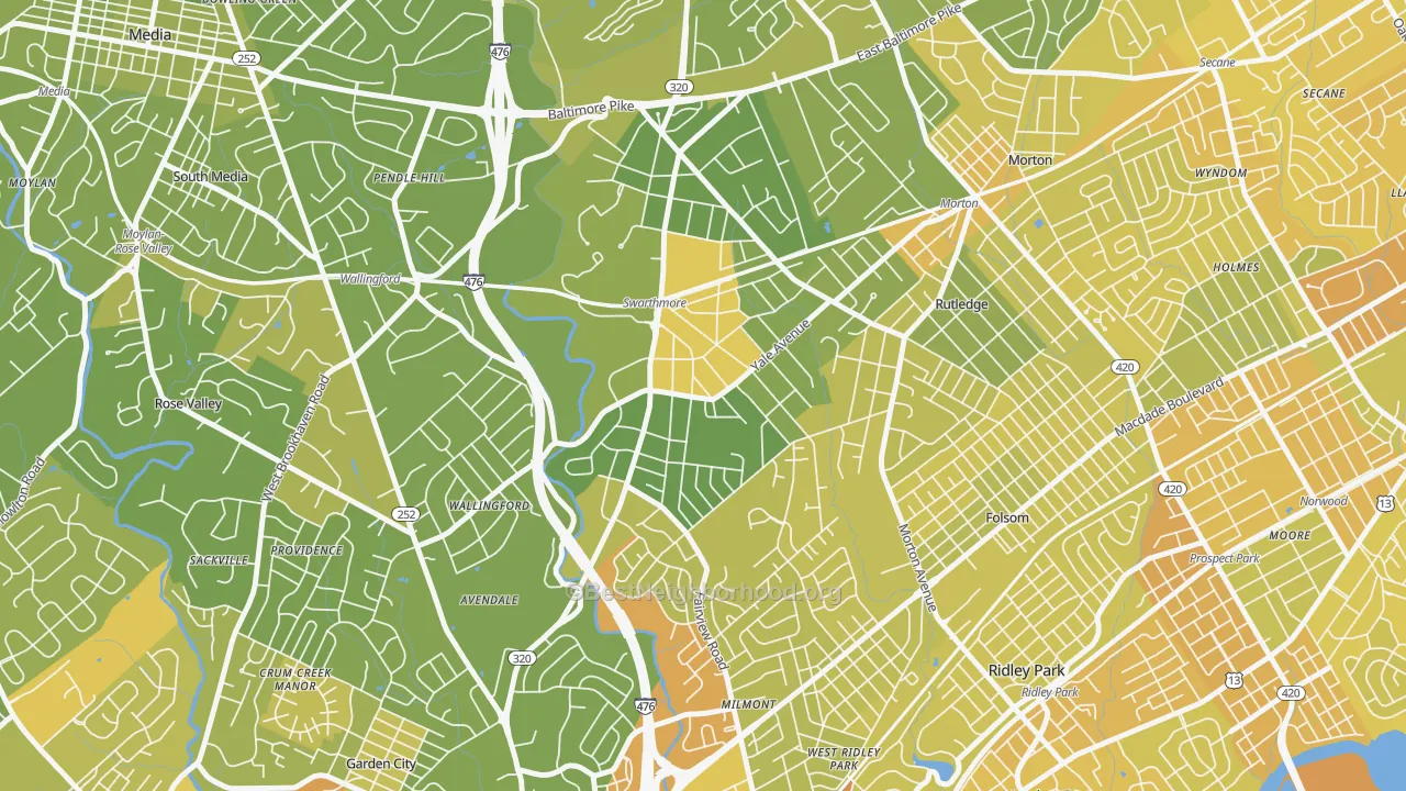Map of the best neighborhoods in the 19081 area, with better matches in green and worse matches in red