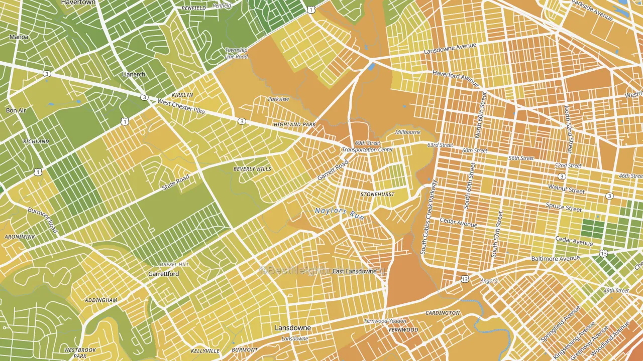 Map of the best neighborhoods in the 19082 area, with better matches in green and worse matches in red