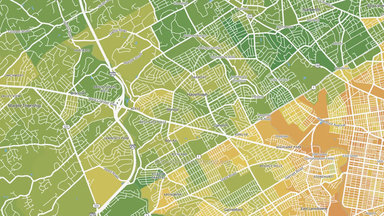 Map of the best neighborhoods in the 19083 area, with better matches in green and worse matches in red
