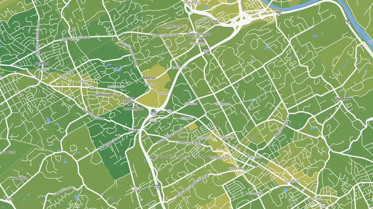 Map of the best neighborhoods in the 19085 area, with better matches in green and worse matches in red