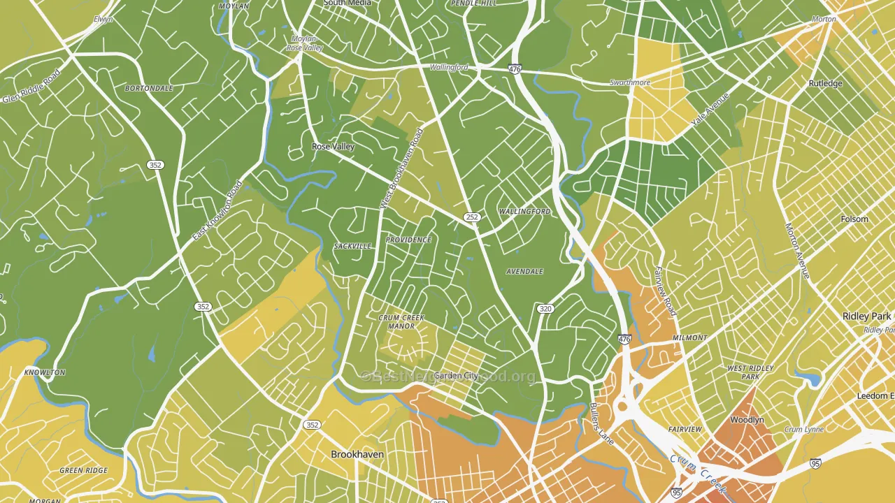 Map of the best neighborhoods in the 19086 area, with better matches in green and worse matches in red