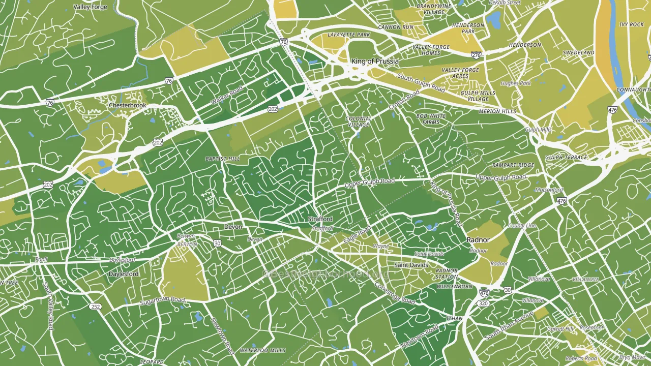 Map of the best neighborhoods in the 19087 area, with better matches in green and worse matches in red