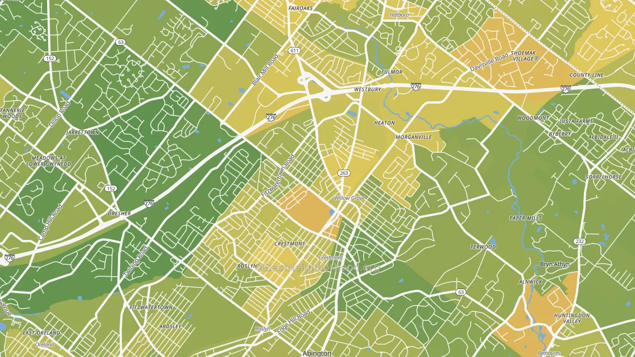 Map of the best neighborhoods in the 19090 area, with better matches in green and worse matches in red