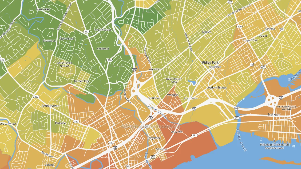 Map of the best neighborhoods in the 19094 area, with better matches in green and worse matches in red
