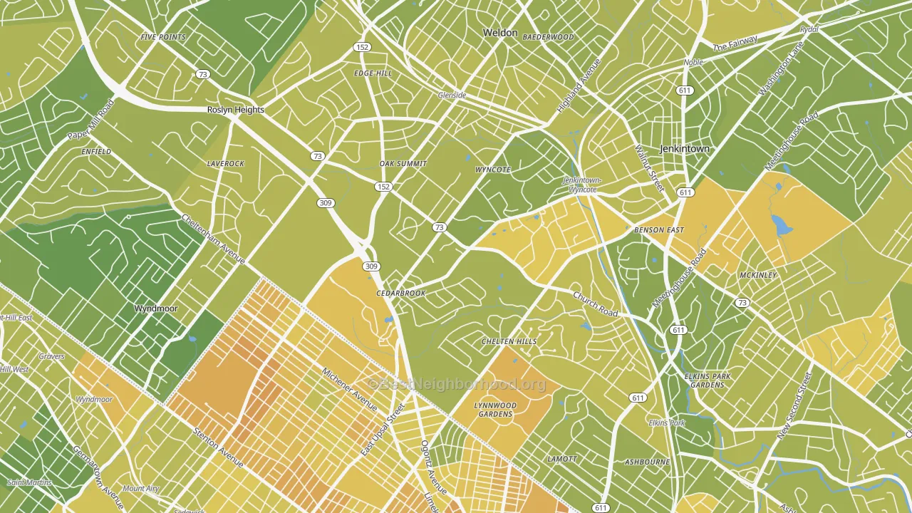 Map of the best neighborhoods in the 19095 area, with better matches in green and worse matches in red