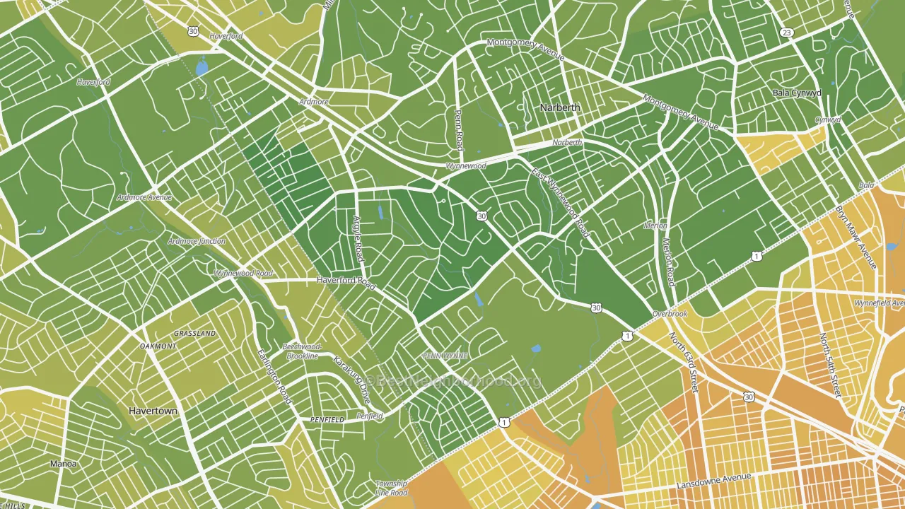 Map of the best neighborhoods in the 19096 area, with better matches in green and worse matches in red