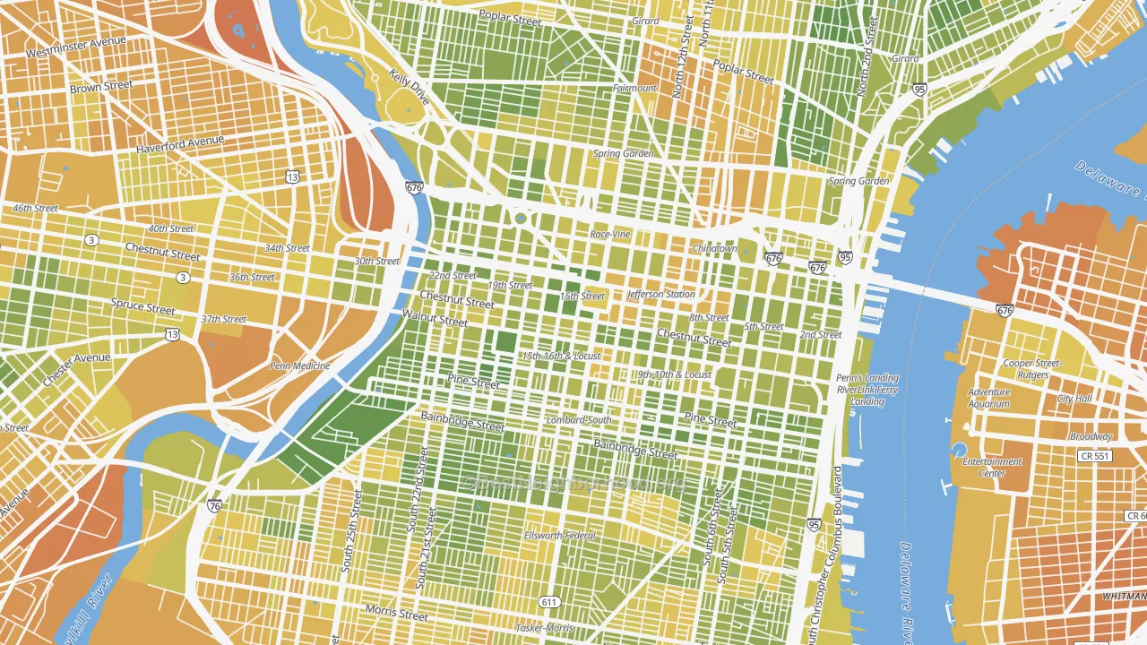 Map of the best neighborhoods in the 19102 area, with better matches in green and worse matches in red