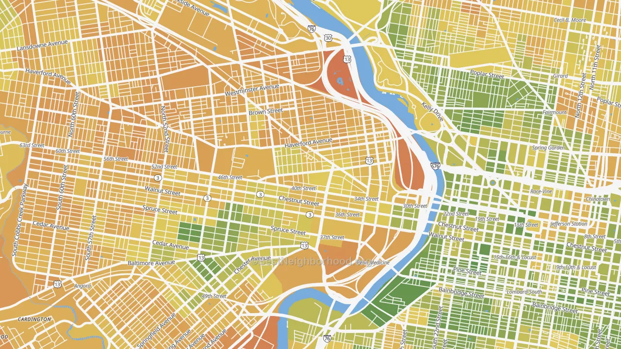 Map of the best neighborhoods in the 19104 area, with better matches in green and worse matches in red
