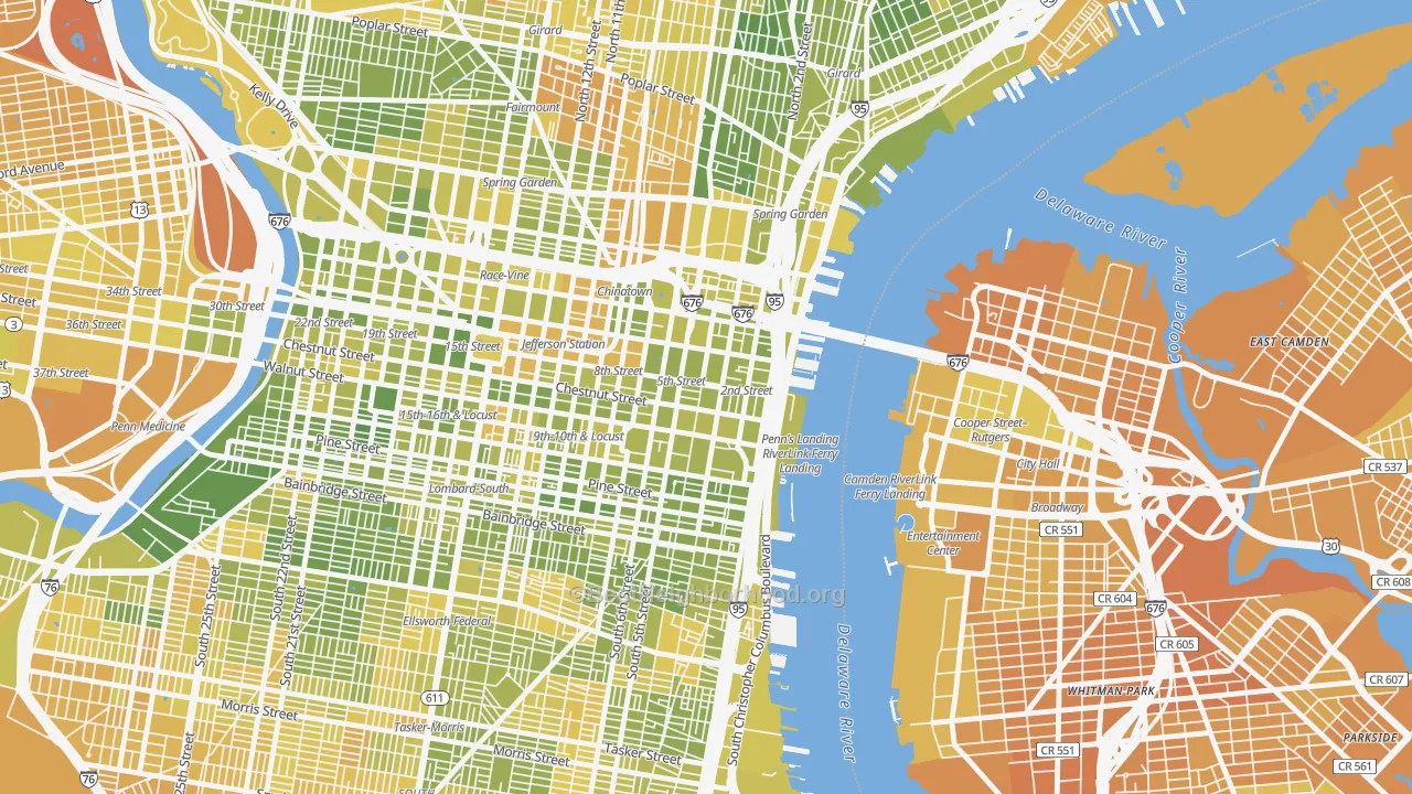 Map of the best neighborhoods in the 19106 area, with better matches in green and worse matches in red