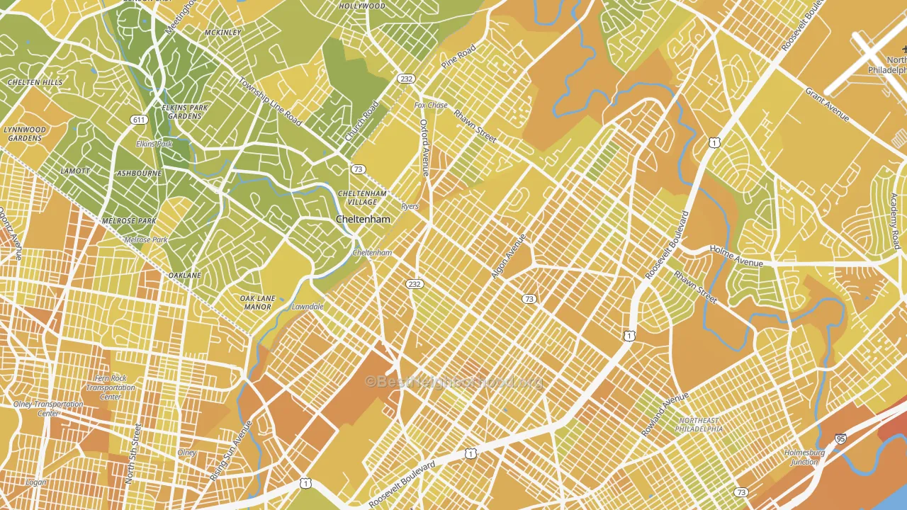 Map of the best neighborhoods in the 19111 area, with better matches in green and worse matches in red