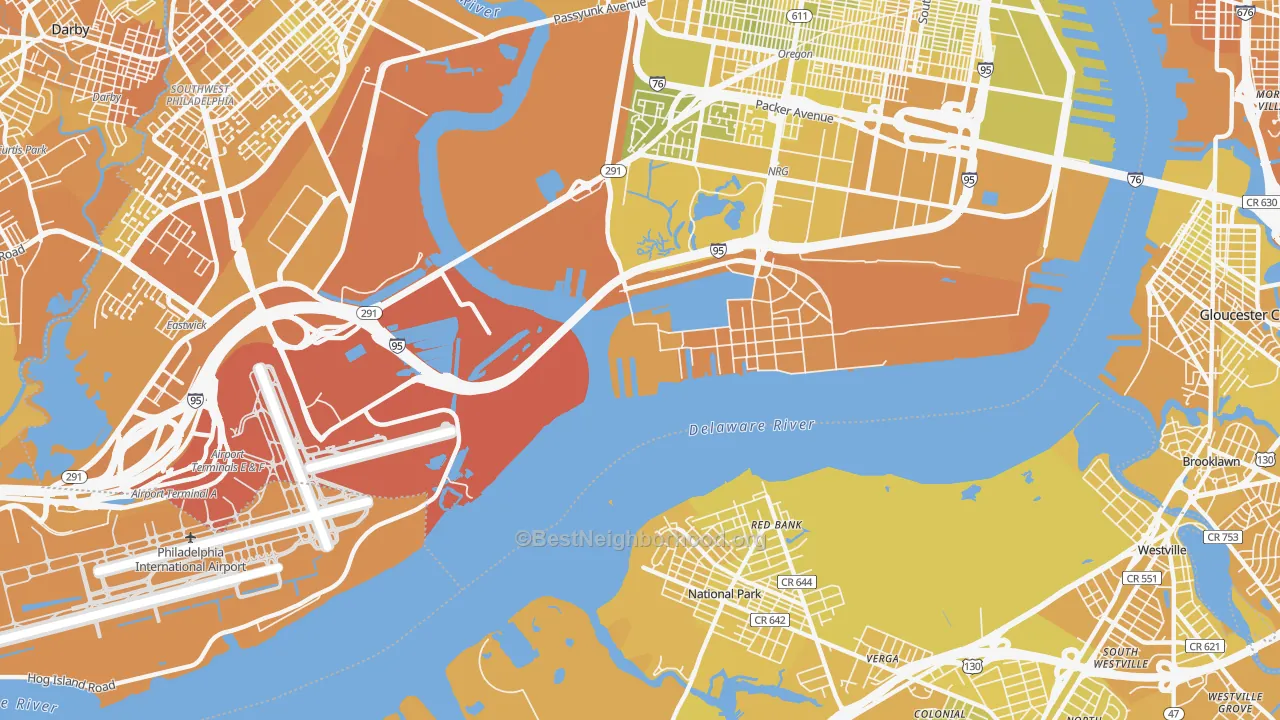 Map of the best neighborhoods in the 19112 area, with better matches in green and worse matches in red