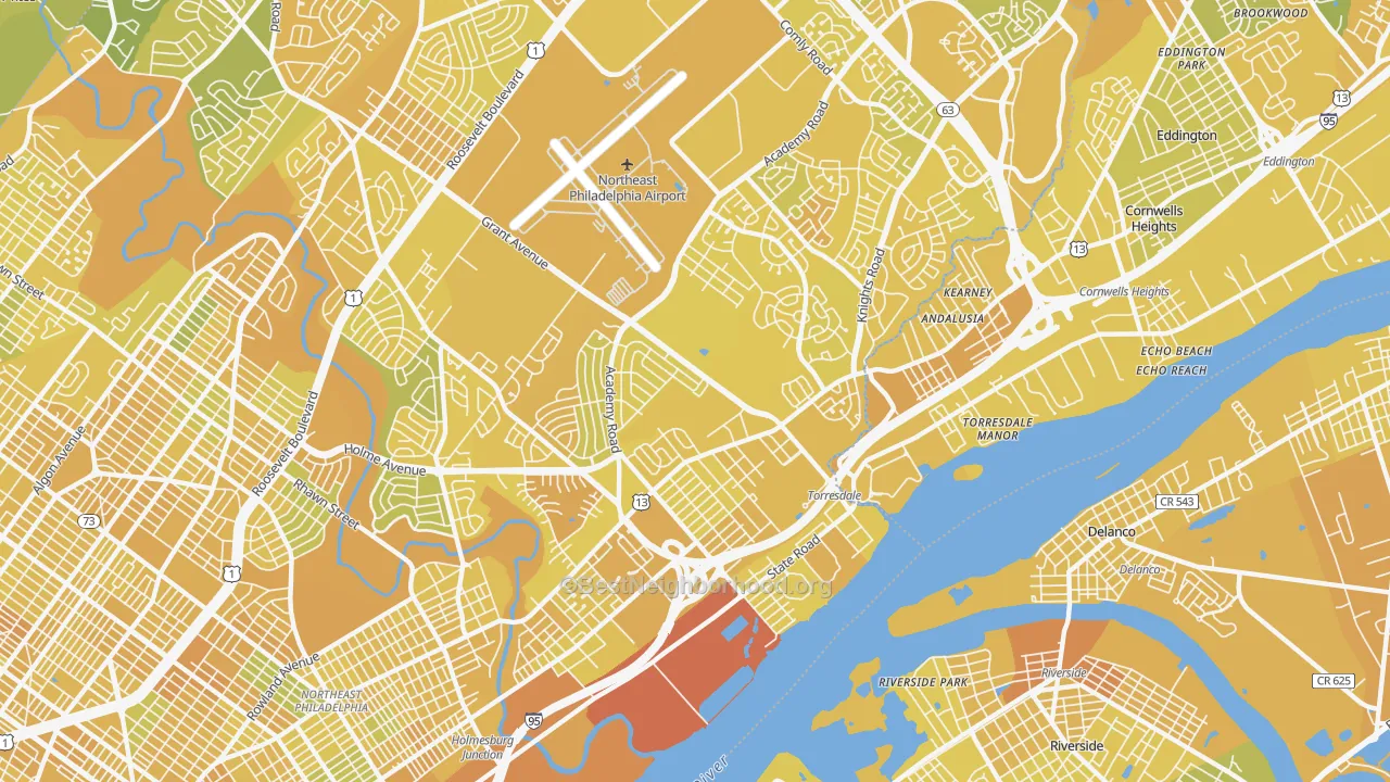 Map of the best neighborhoods in the 19114 area, with better matches in green and worse matches in red
