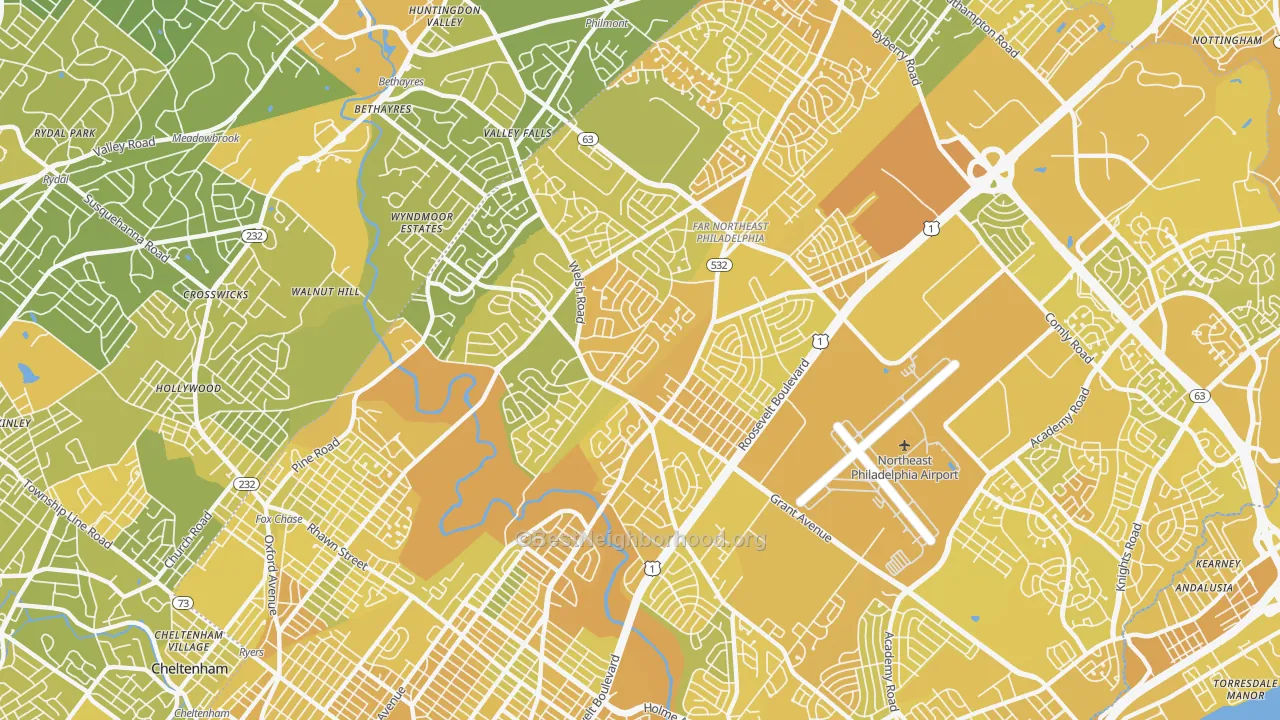 Map of the best neighborhoods in the 19115 area, with better matches in green and worse matches in red