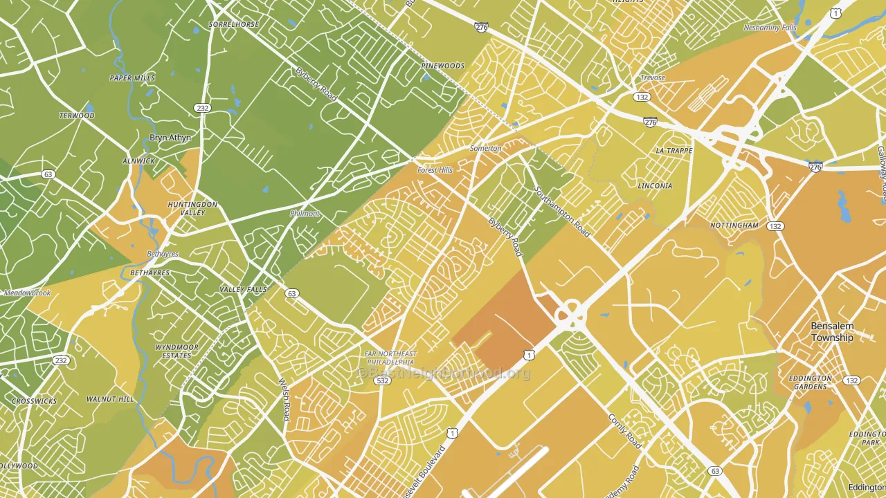 Map of the best neighborhoods in the 19116 area, with better matches in green and worse matches in red