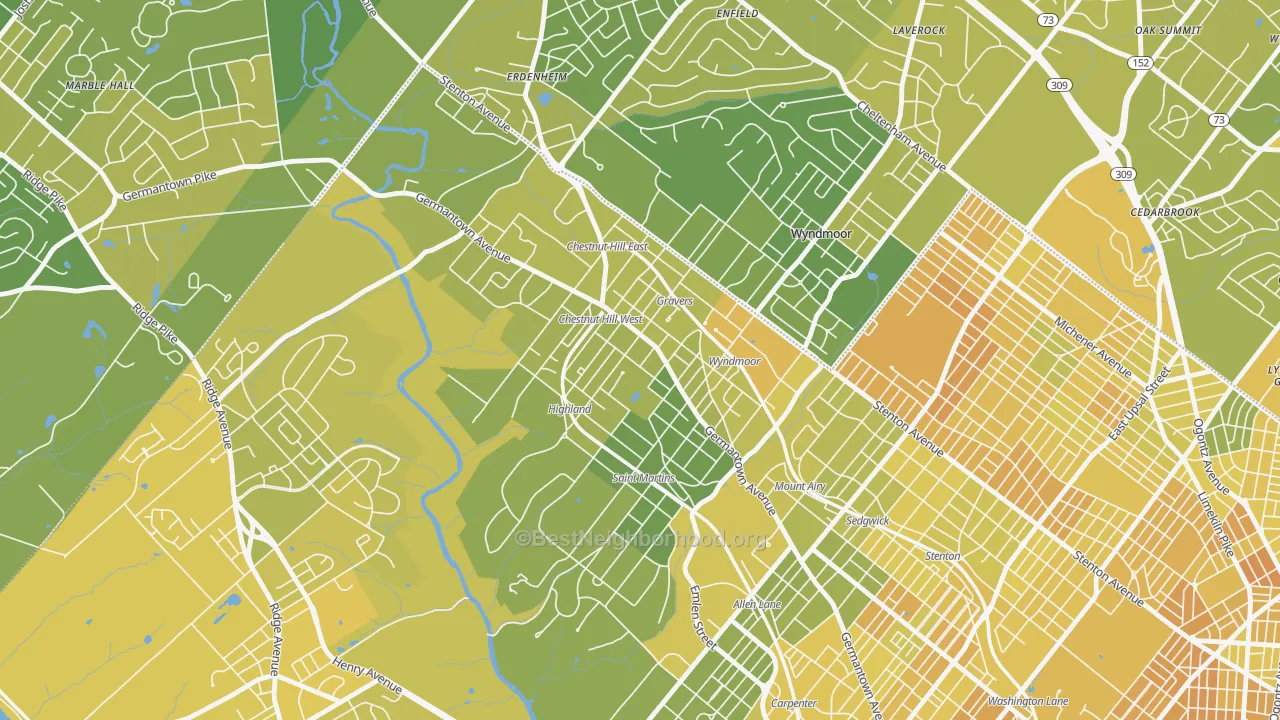 Map of the best neighborhoods in the 19118 area, with better matches in green and worse matches in red