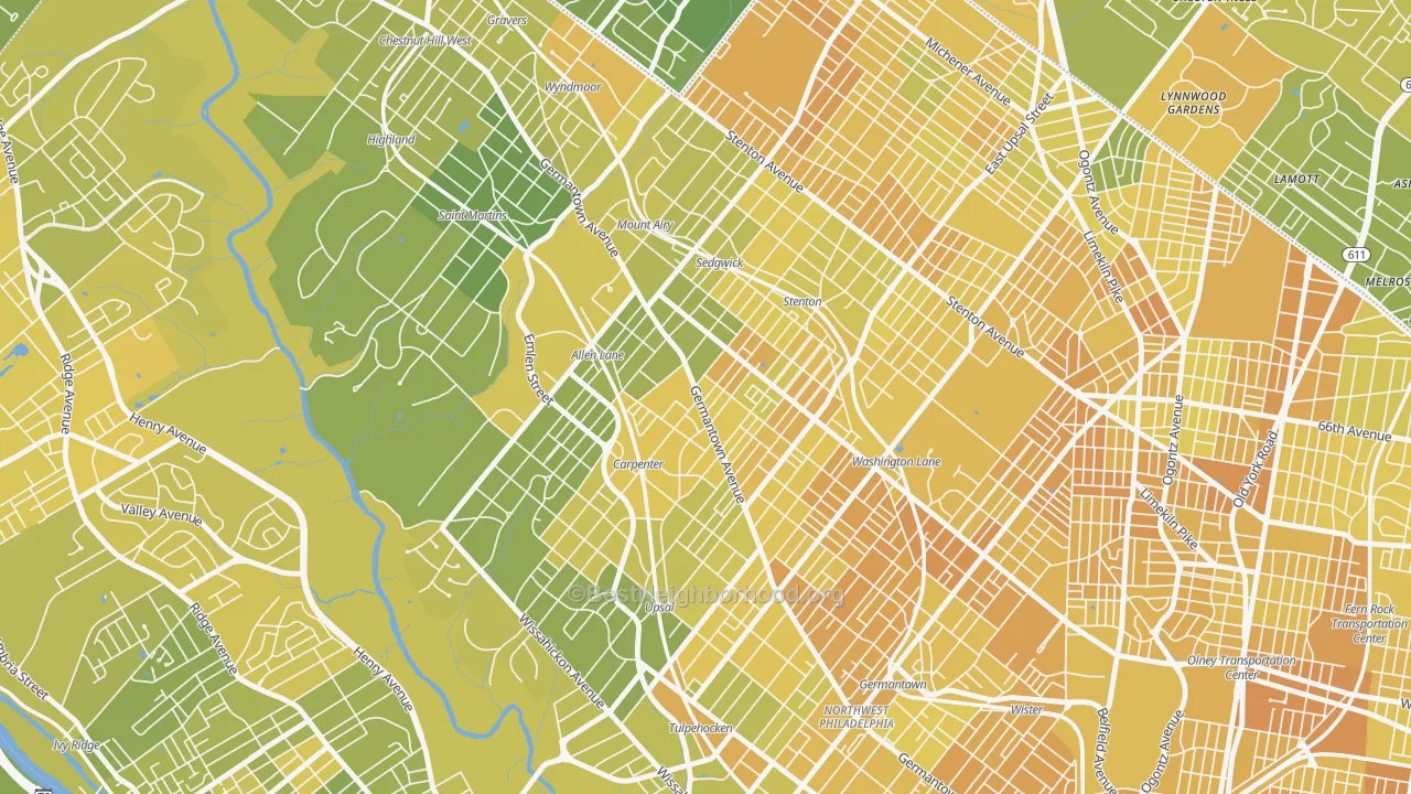 Map of the best neighborhoods in the 19119 area, with better matches in green and worse matches in red