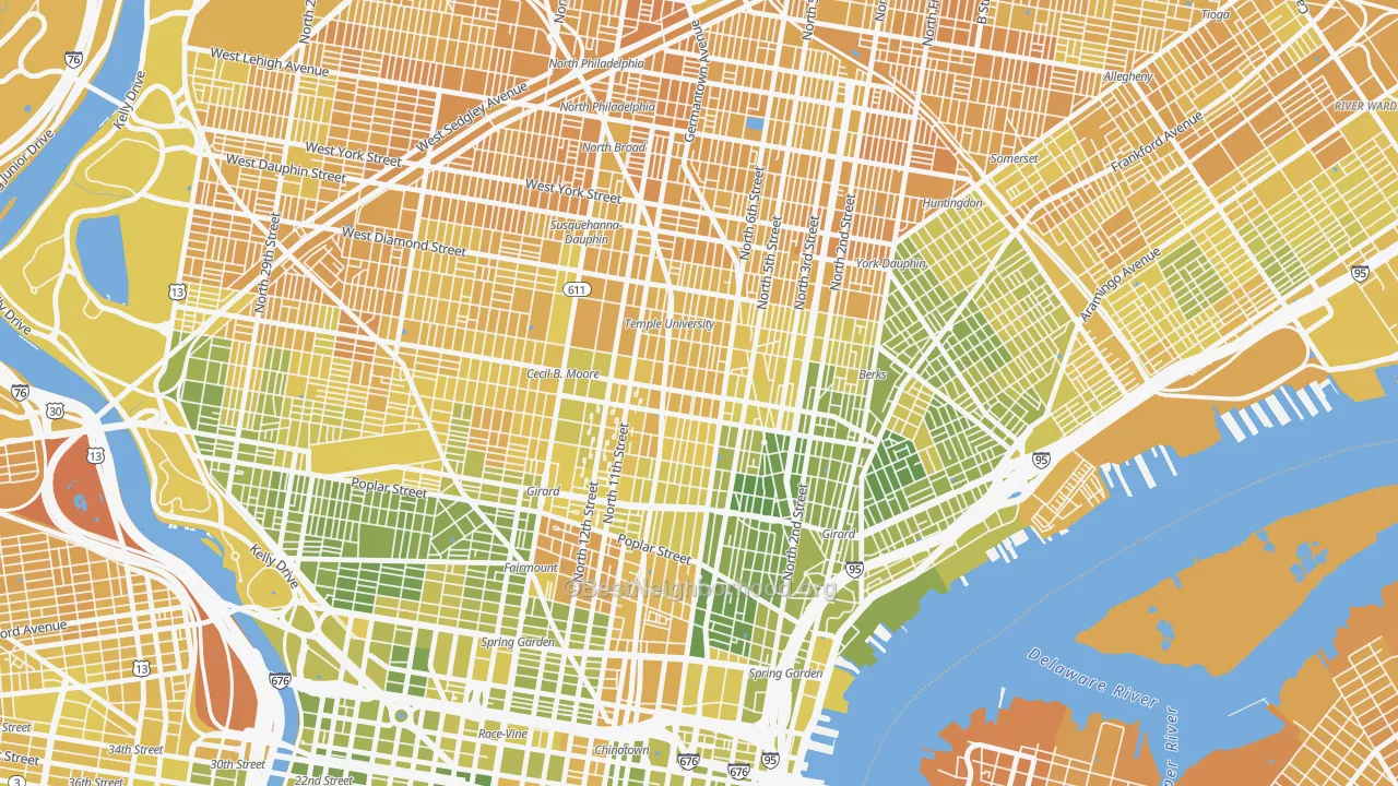 Map of the best neighborhoods in the 19122 area, with better matches in green and worse matches in red