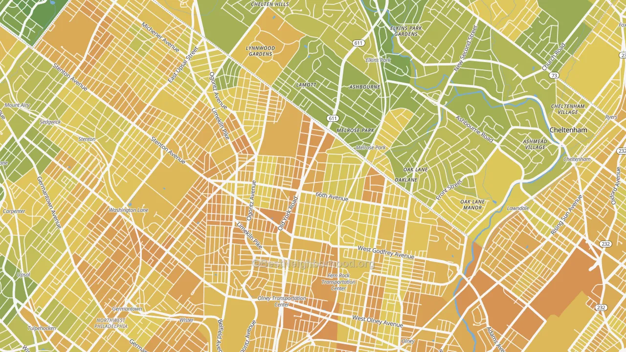 Map of the best neighborhoods in the 19126 area, with better matches in green and worse matches in red