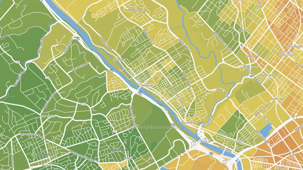 Map of the best neighborhoods in the 19127 area, with better matches in green and worse matches in red