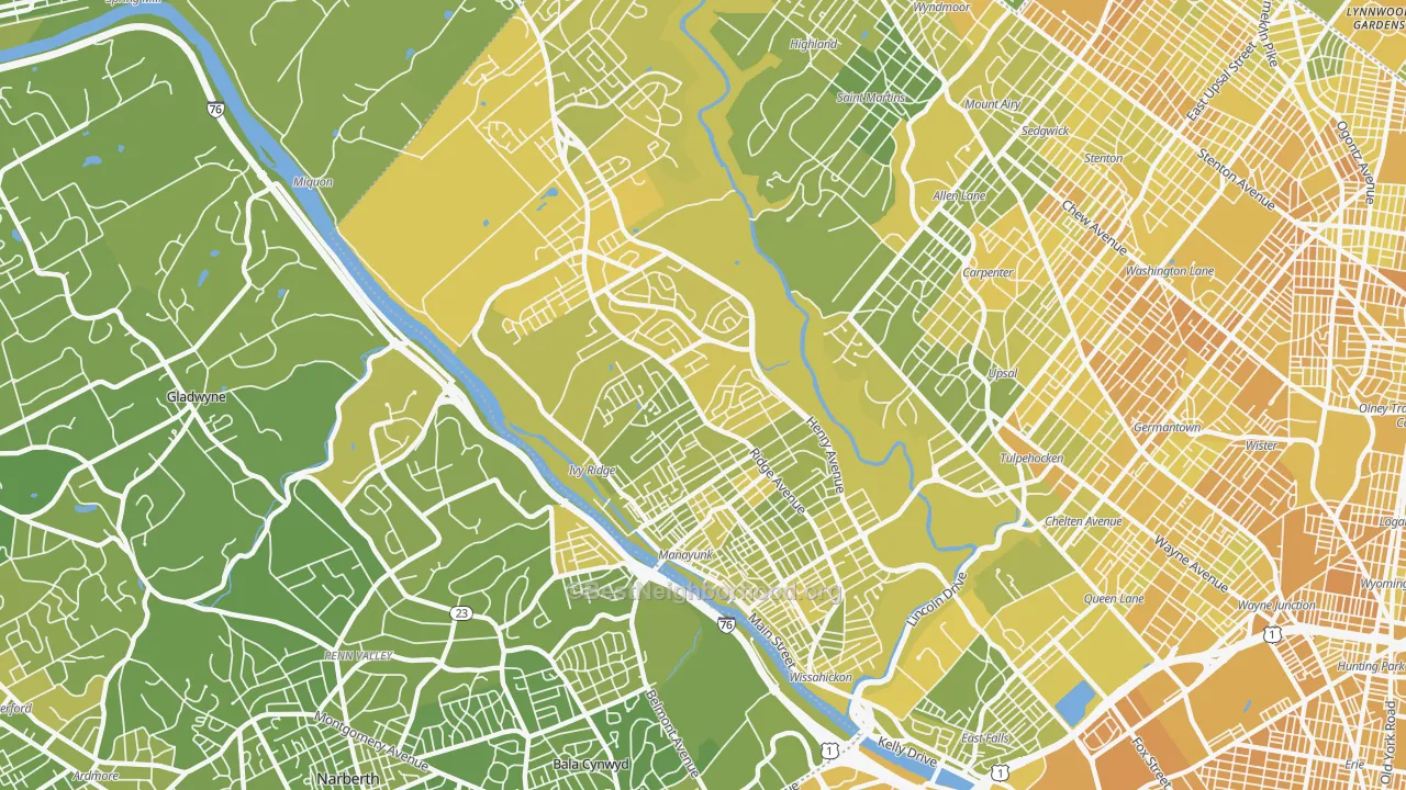 Map of the best neighborhoods in the 19128 area, with better matches in green and worse matches in red