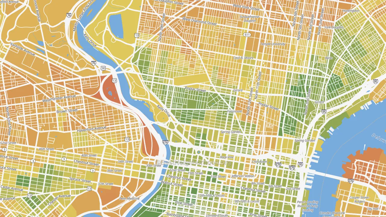 Map of the best neighborhoods in the 19130 area, with better matches in green and worse matches in red