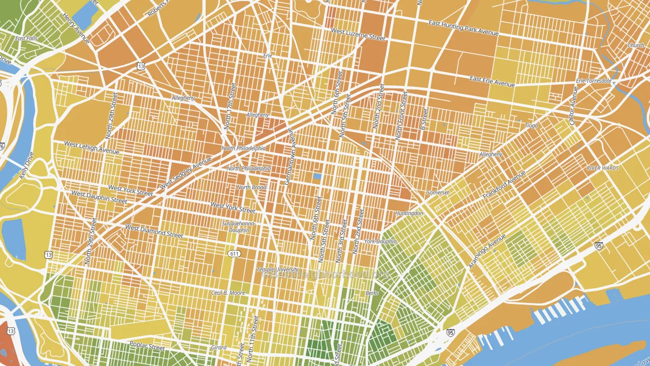 Map of the best neighborhoods in the 19133 area, with better matches in green and worse matches in red