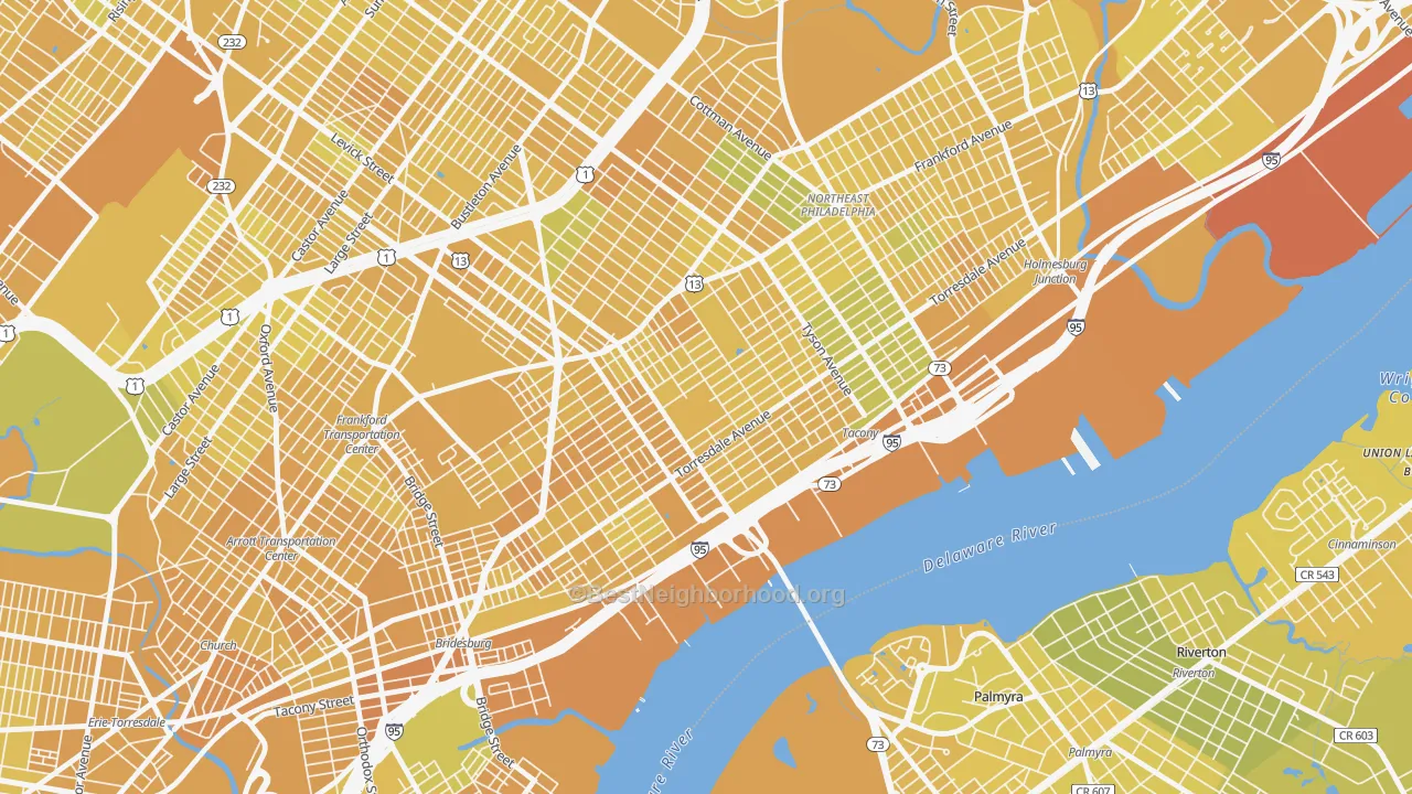 Map of the best neighborhoods in the 19135 area, with better matches in green and worse matches in red