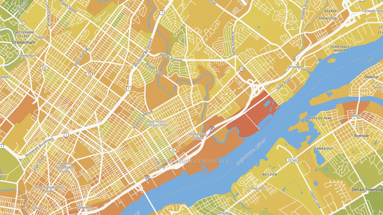Map of the best neighborhoods in the 19136 area, with better matches in green and worse matches in red